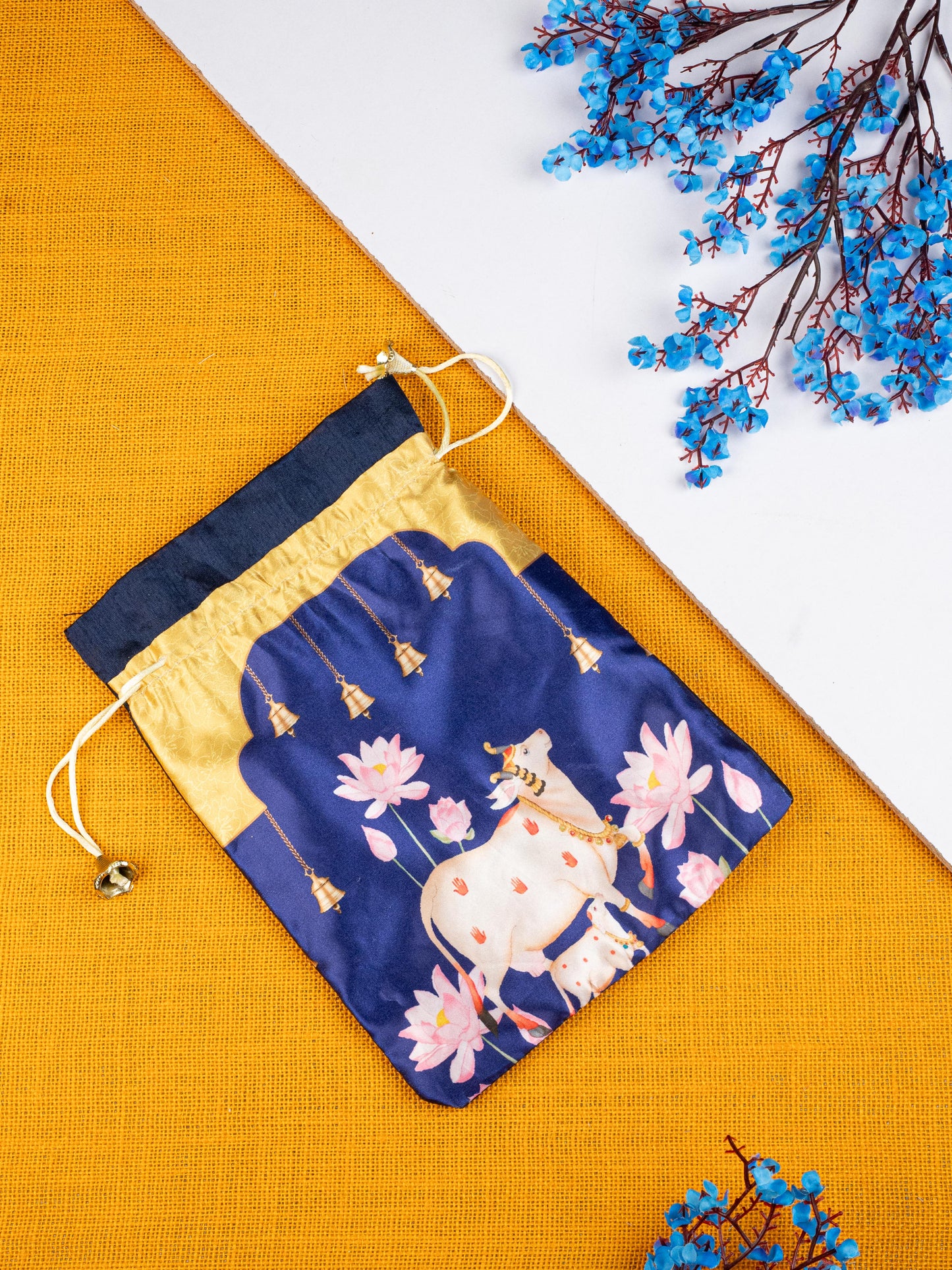 Navratri Combo: Pichwai String Bag, Zinc Alloy Lakshmi Diya with Haldi Kumkum & Bangles - WGC0078