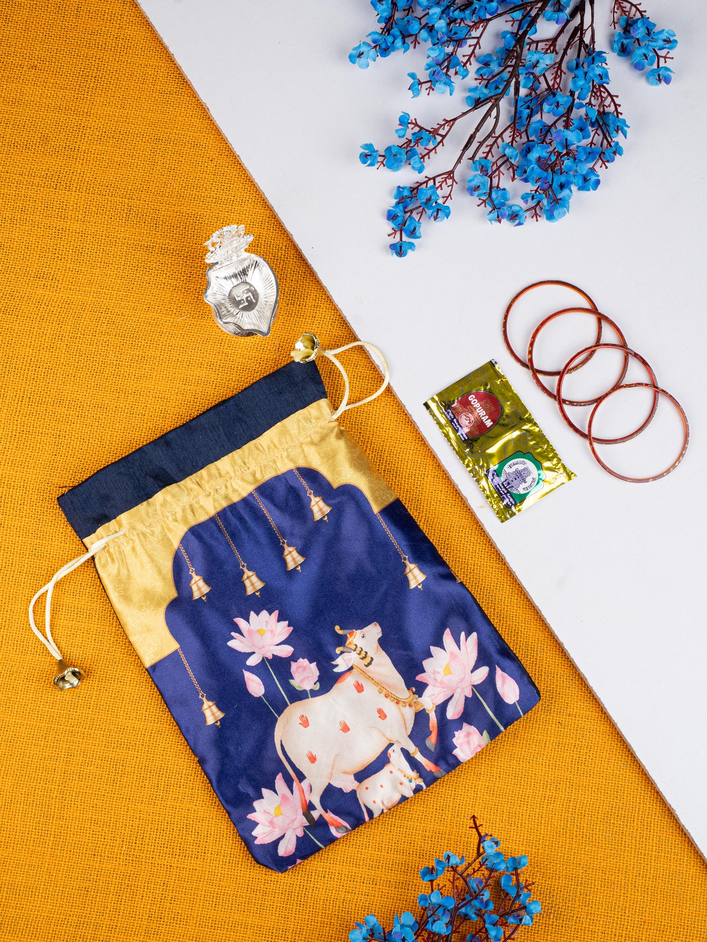 Navratri Combo: Pichwai String Bag, Zinc Alloy Lakshmi Diya with Haldi Kumkum & Bangles - WGC0078