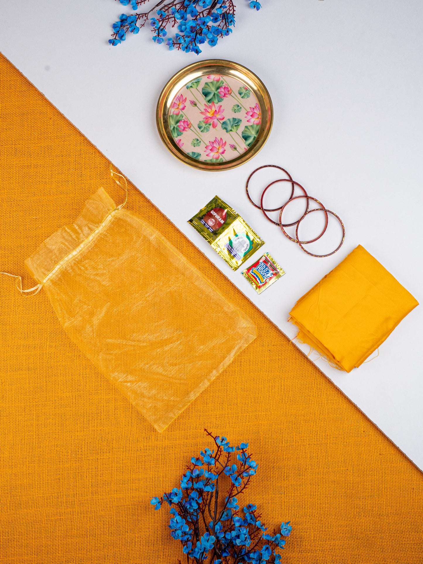 Navratri Combo: Tissue Bag, Lotus Plate, Saffron & Blouse Bit & Manjal Kumkum - WGC0080
