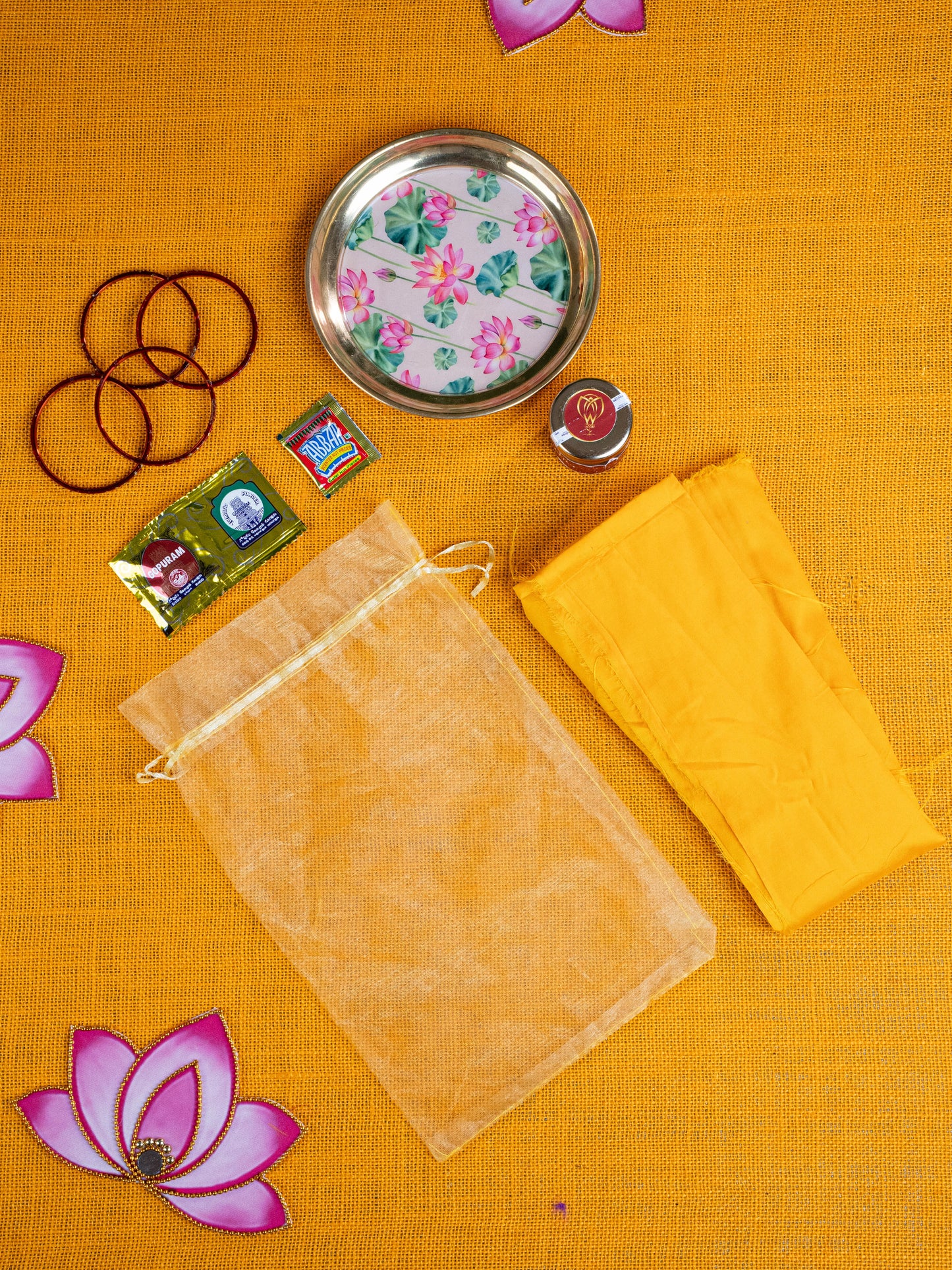 Navratri Combo: Tissue Bag, Lotus Plate, Saffron & Blouse Bit & Manjal Kumkum - WGC0080