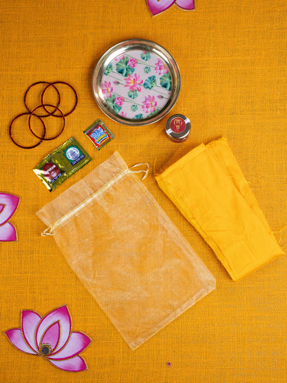 Navratri Combo: Tissue Bag, Lotus Plate, Saffron & Blouse Bit & Manjal Kumkum - WGC0080