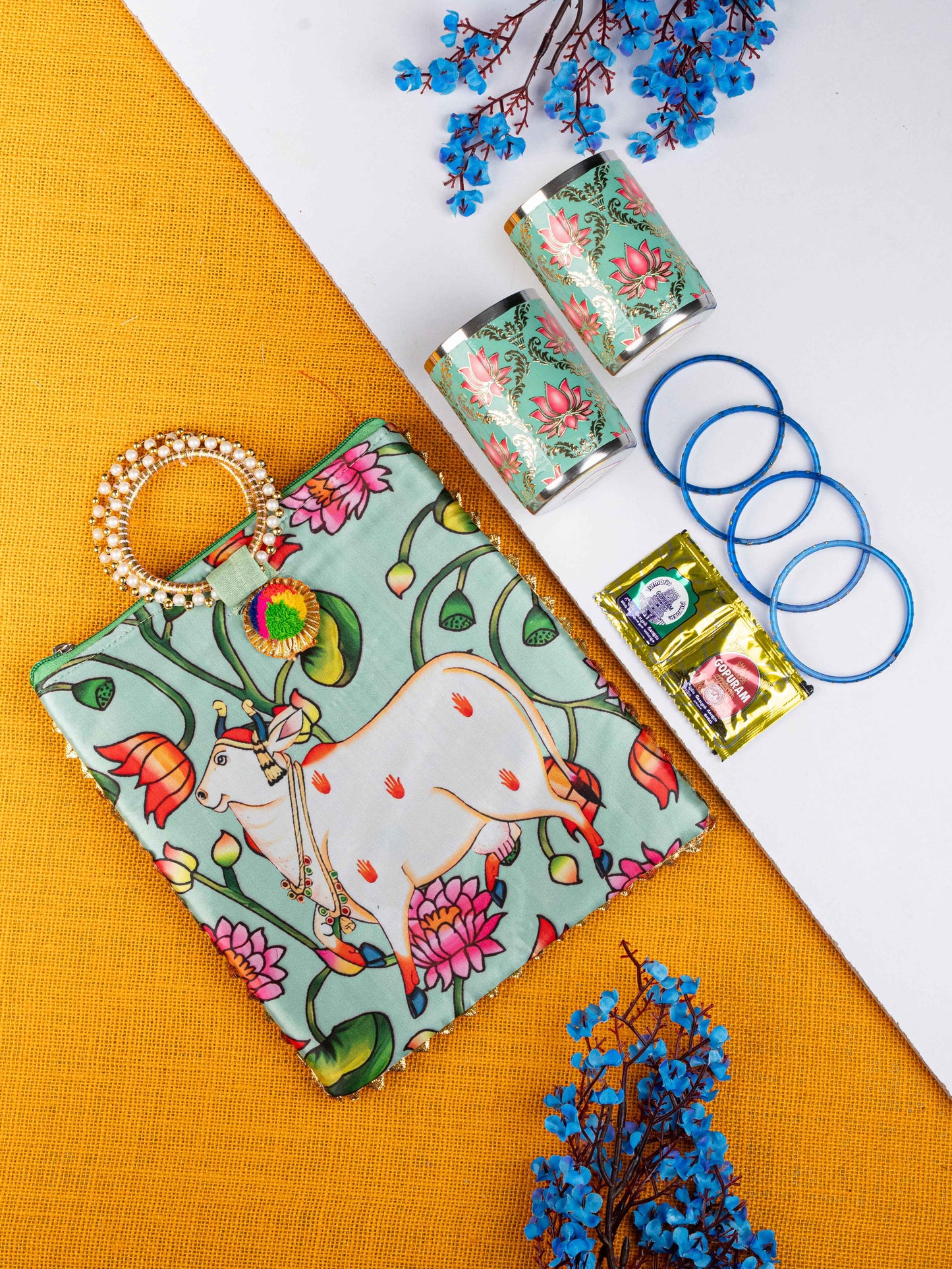 Navratri Combo: Pichwai Digtial Printed Handbag With Meenakari Glass & Manjal Kumkum - WGC0085