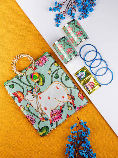 Navratri Combo: Pichwai Digtial Printed Handbag With Meenakari Glass & Manjal Kumkum - WGC0085