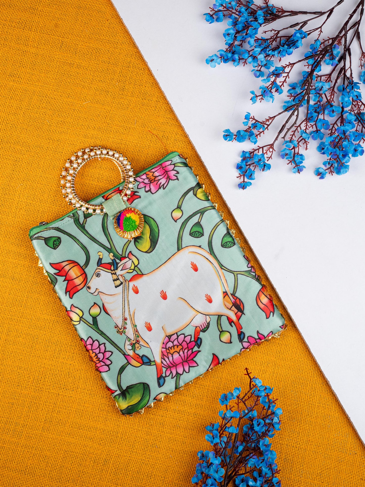 Navratri Combo: Pichwai Digtial Printed Handbag With Meenakari Glass & Manjal Kumkum - WGC0085