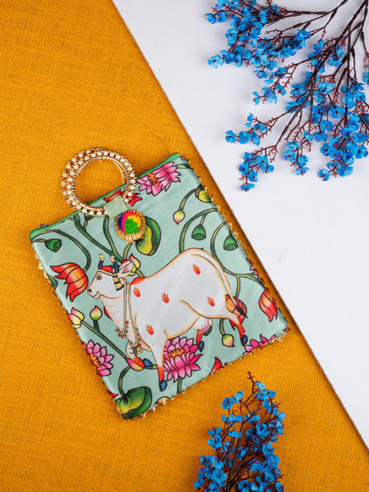 Navratri Combo: Pichwai Digtial Printed Handbag With Meenakari Glass & Manjal Kumkum - WGC0085