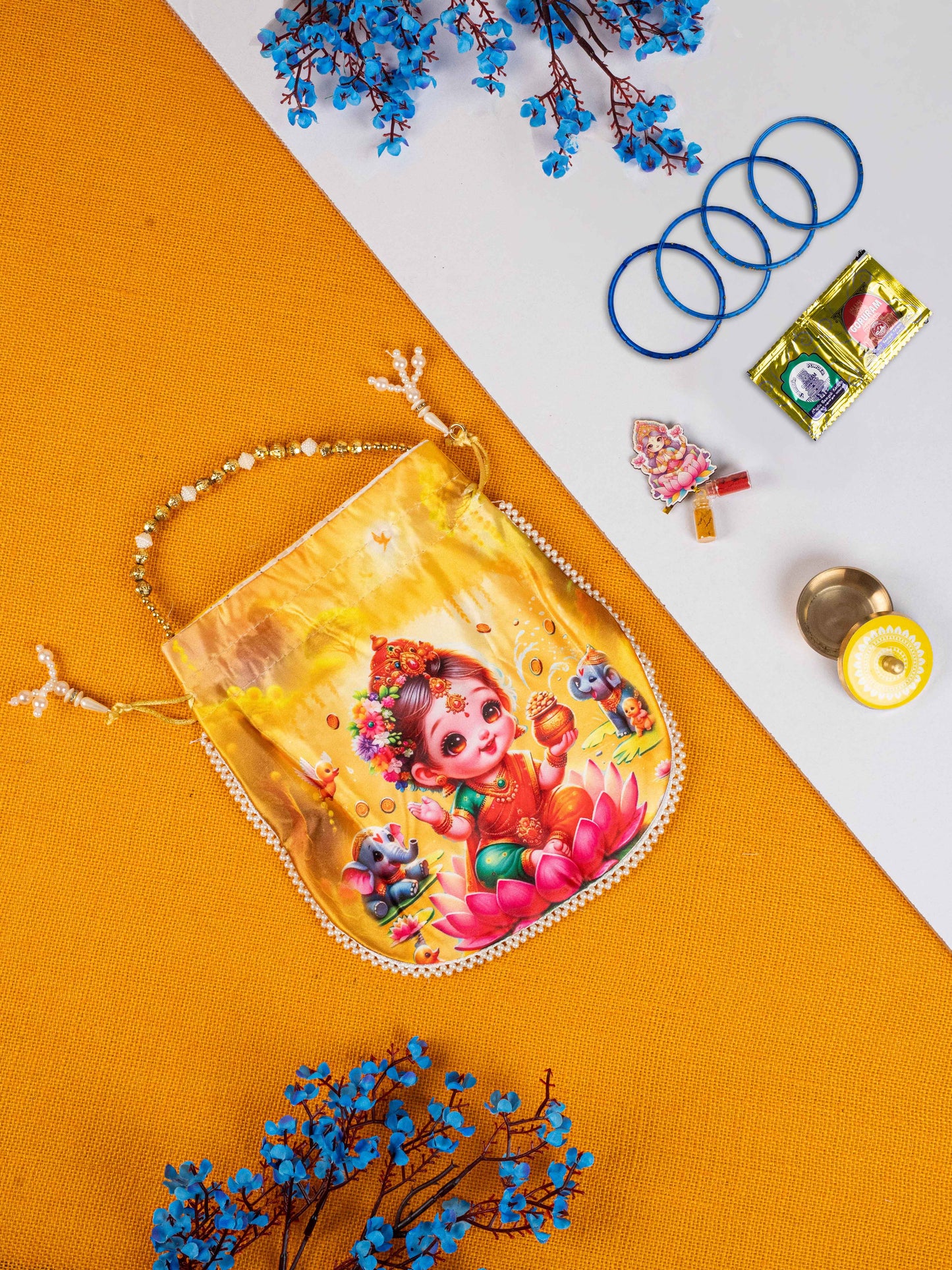 Navratri Combo: Potli Bag with Lakshmi Design, Brass Dibbi & Lakshmi Haldi Kumkum - WGC0088