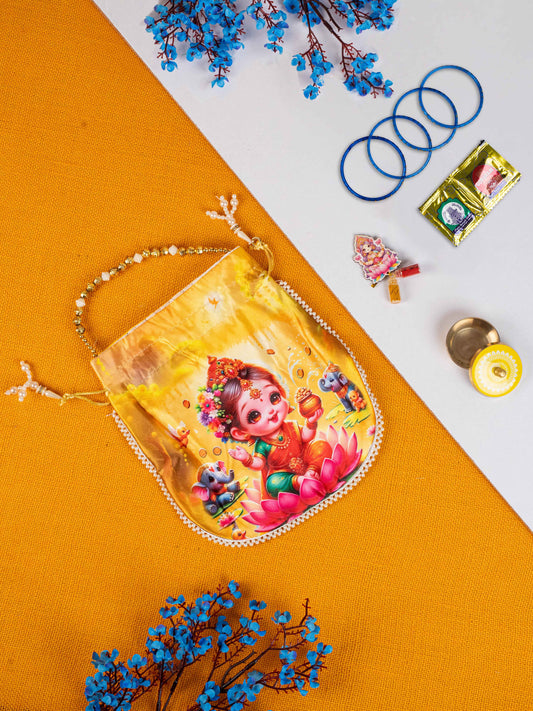 Navratri Combo: Potli Bag with Lakshmi Design, Brass Dibbi & Lakshmi Haldi Kumkum - WGC0088