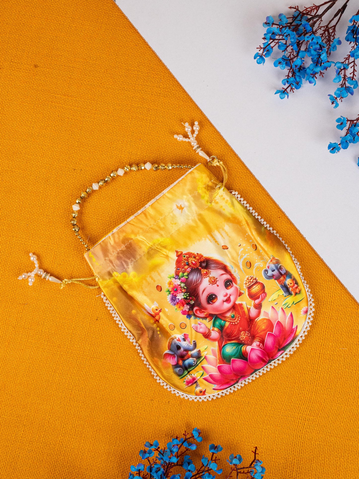 Navratri Combo: Potli Bag with Lakshmi Design, Brass Dibbi & Lakshmi Haldi Kumkum - WGC0088