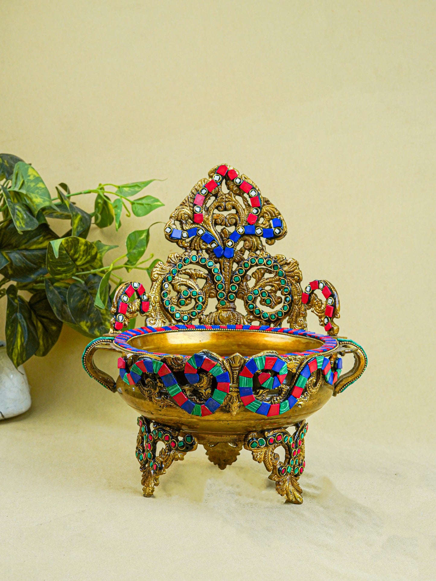 Brass Urli with Stone Work - 11 inch - WL0319