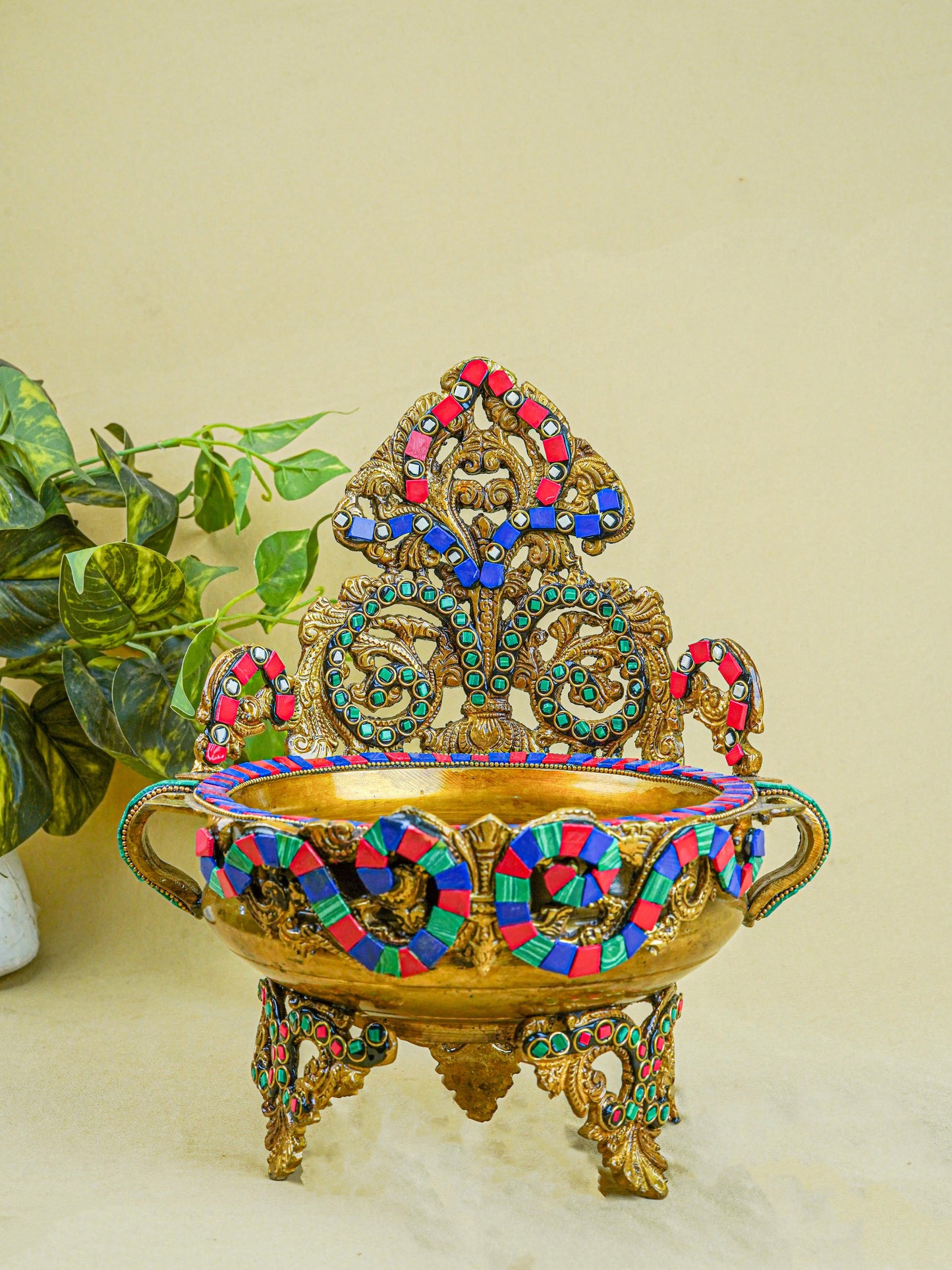 Brass Urli with Stone Work - 11 inch - WL0319