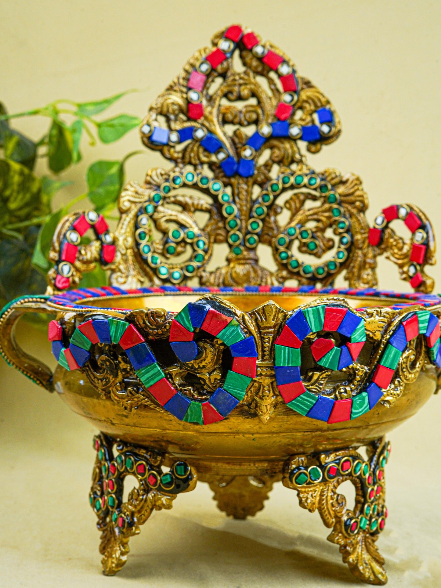 Brass Urli with Stone Work - 11 inch - WL0319