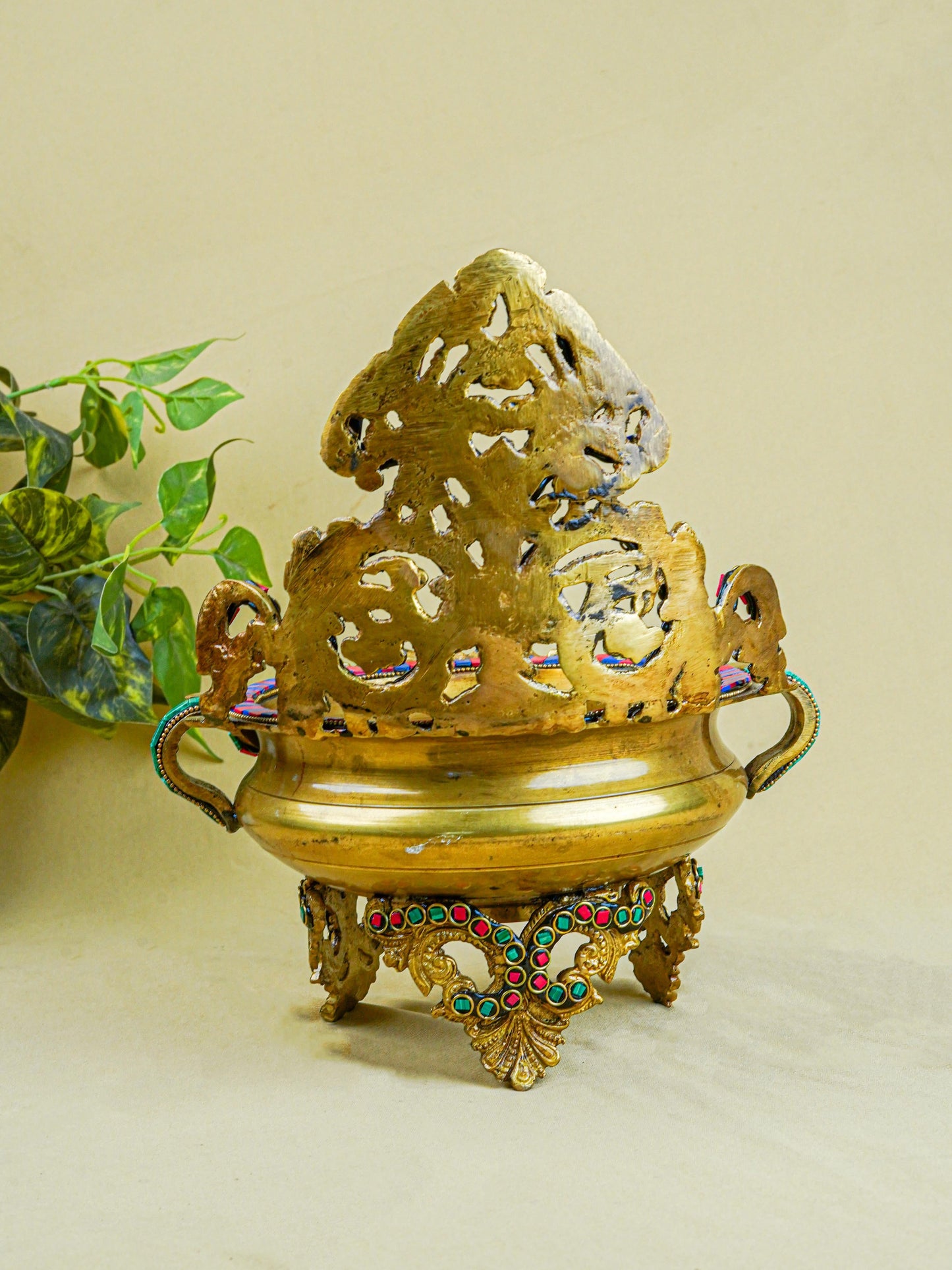Brass Urli with Stone Work - 11 inch - WL0319