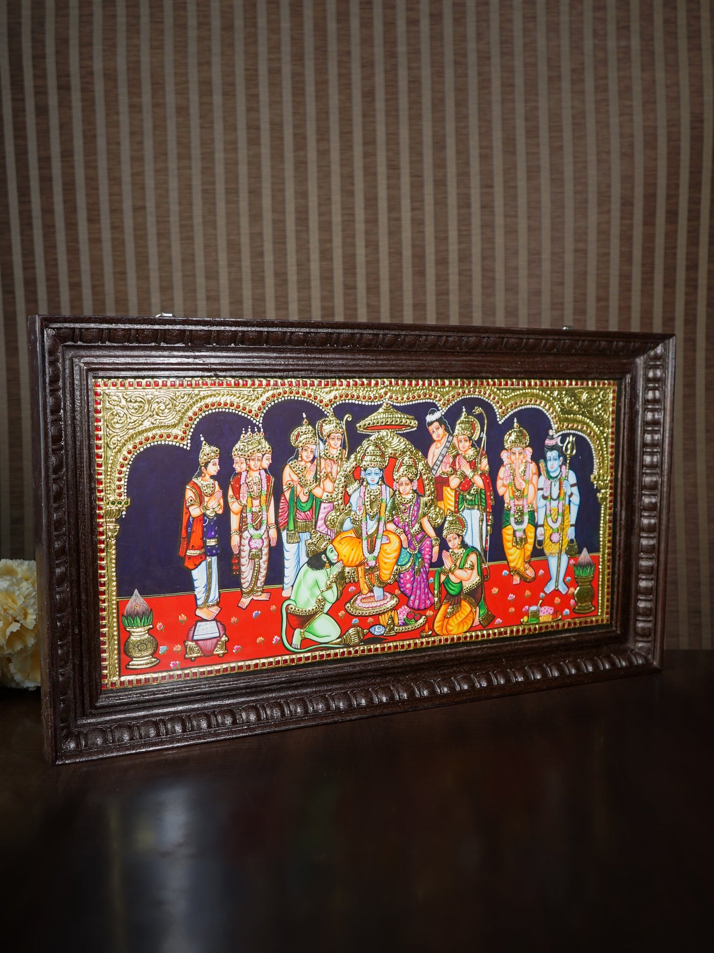 Tanjore Painting - Ramar Pattabhishekam - Semi Embossed - 24x12 inch - WL3390
