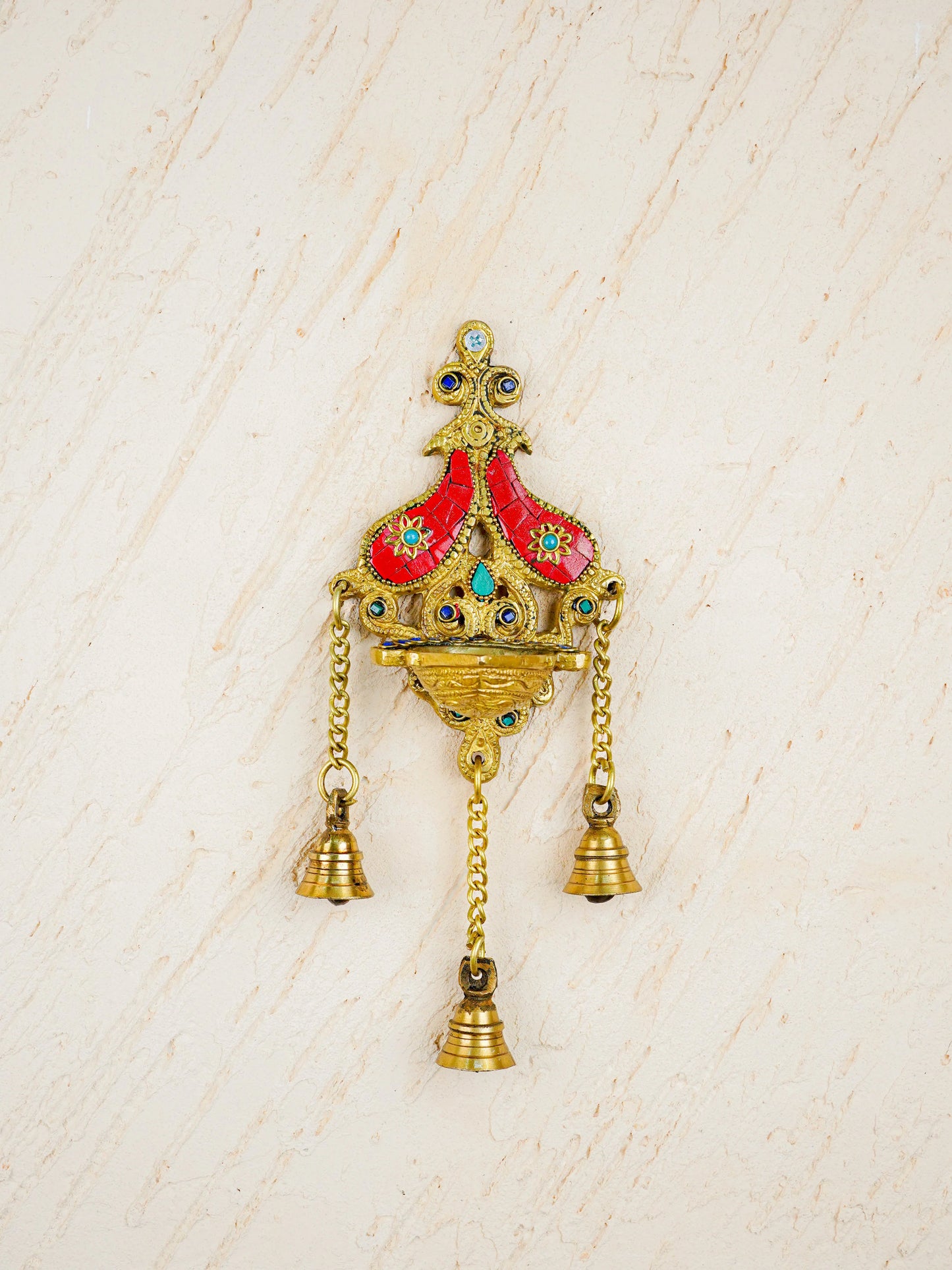 Brass Wall Hanging Diya with Stone Work - Red - WL4494-2