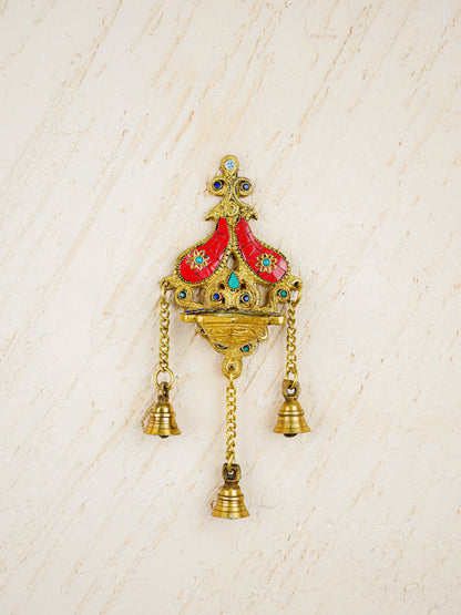 Brass Wall Hanging Diya with Stone Work - Red - WL4494-2