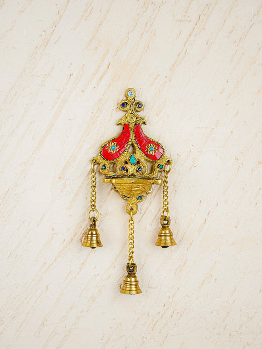 Brass Wall Hanging Diya with Stone Work - Red - WL4494-2