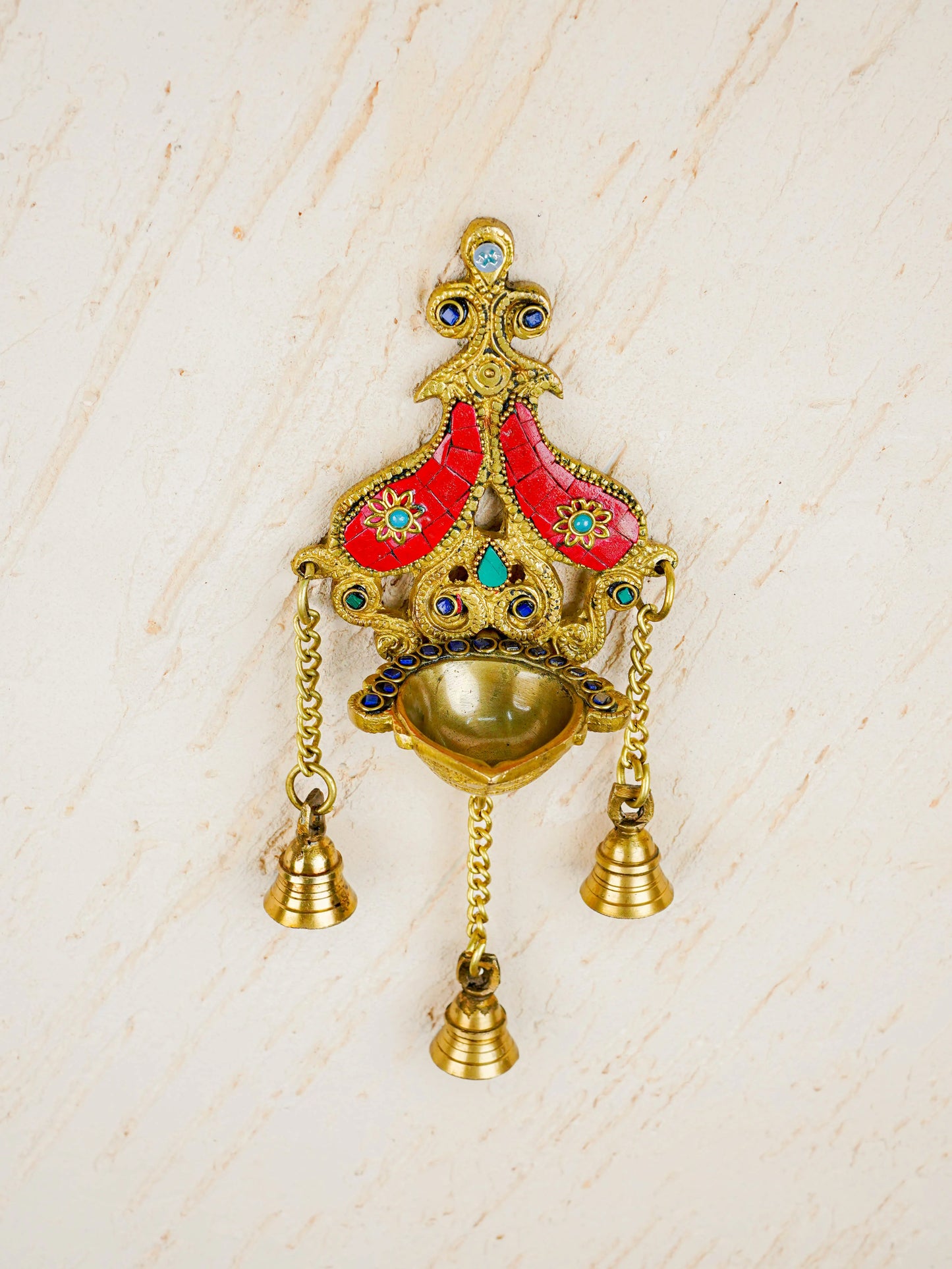 Brass Wall Hanging Diya with Stone Work - Red - WL4494-2
