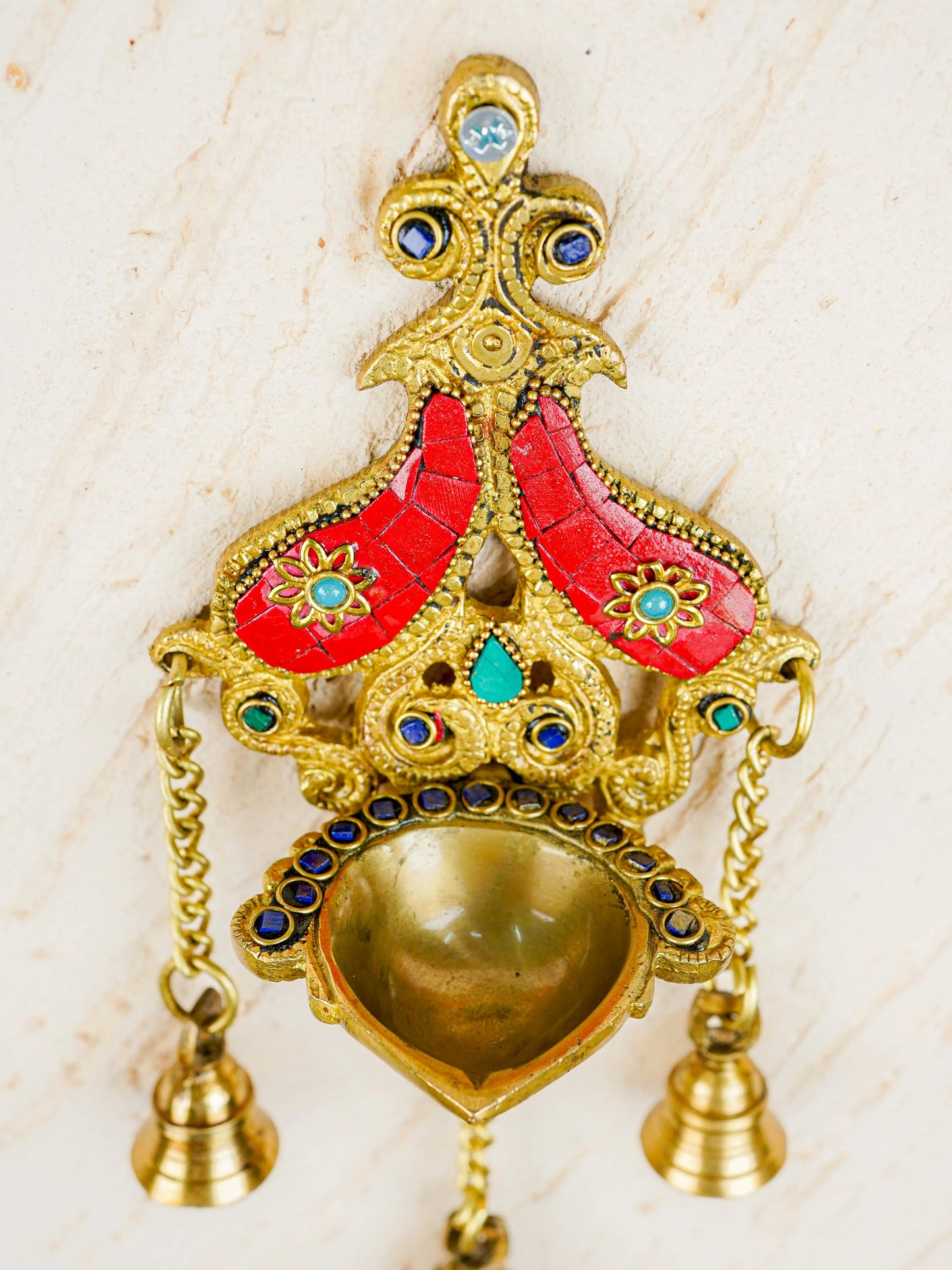 Brass Wall Hanging Diya with Stone Work - Red - WL4494-2