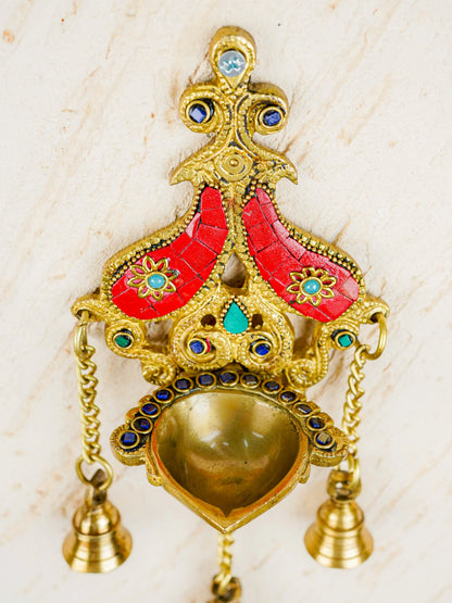 Brass Wall Hanging Diya with Stone Work - Red - WL4494-2