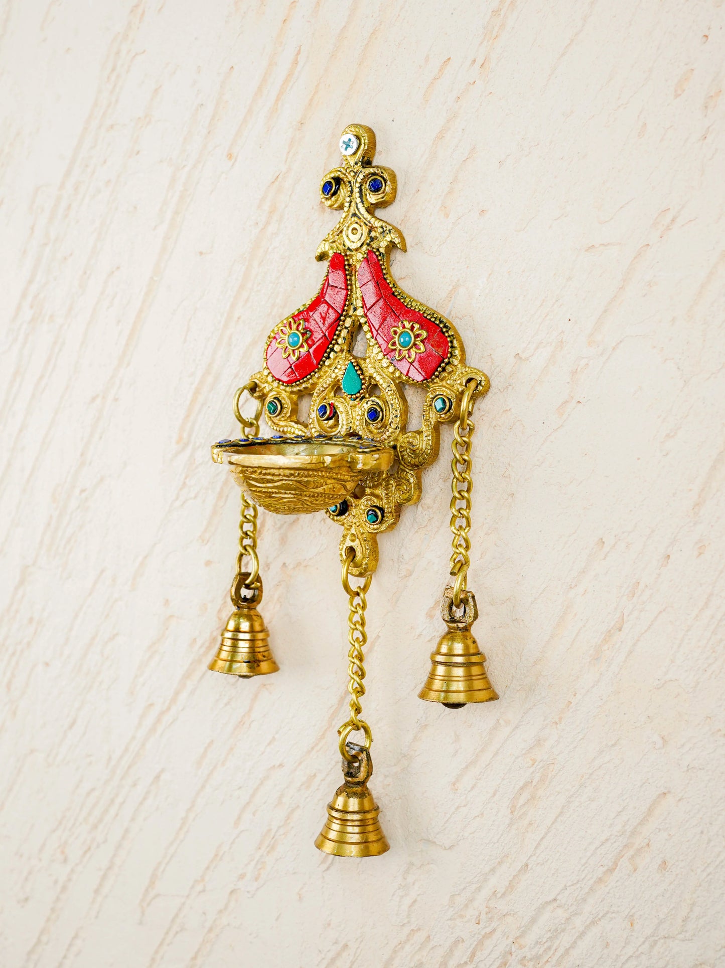 Brass Wall Hanging Diya with Stone Work - Red - WL4494-2