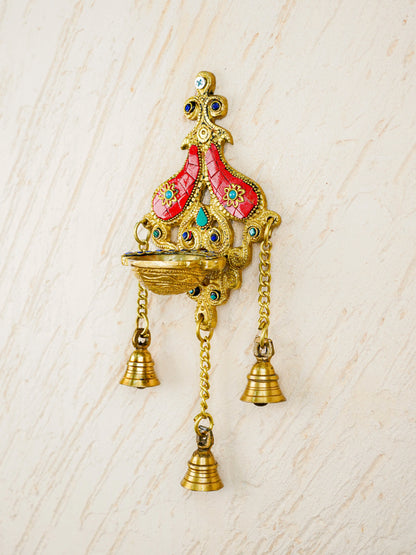 Brass Wall Hanging Diya with Stone Work - Red - WL4494-2