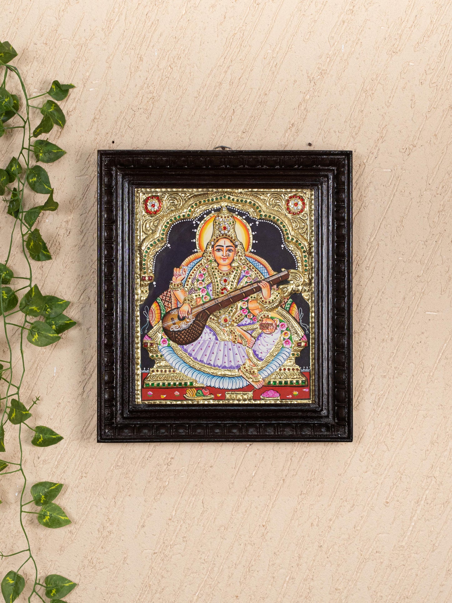 Tanjore Painting - Saraswathi - Semi Embossed - 12x10 inch - WL4701
