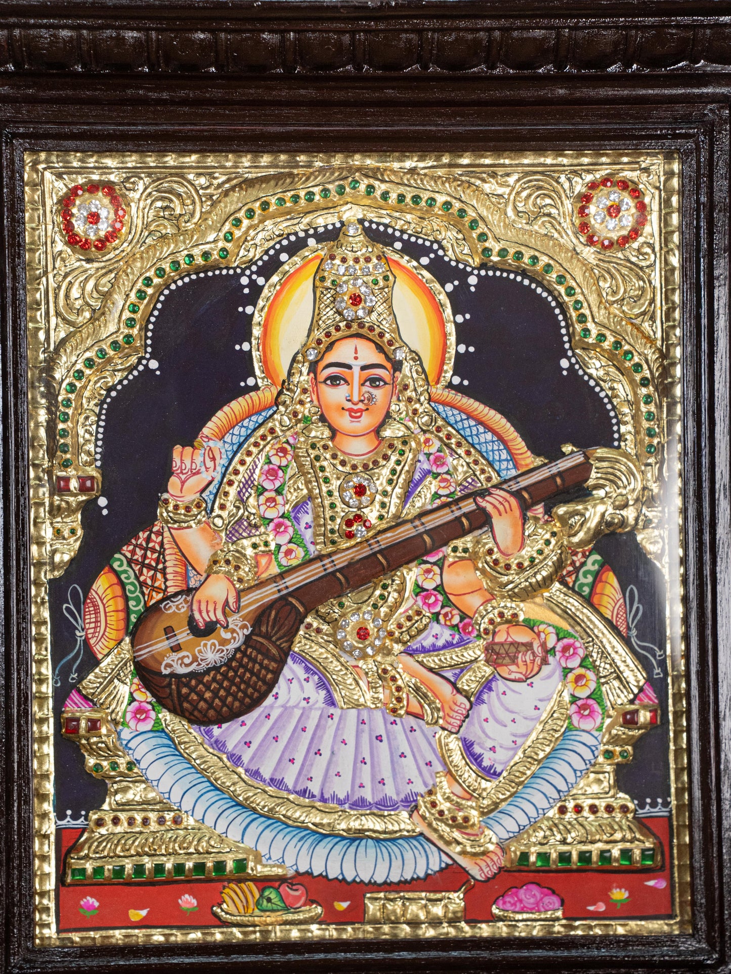 Tanjore Painting - Saraswathi - Semi Embossed - 12x10 inch - WL4701