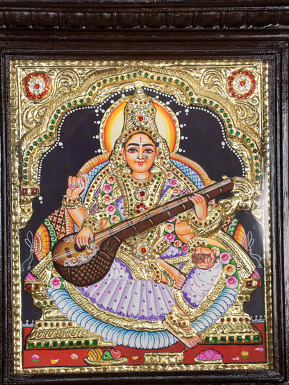 Tanjore Painting - Saraswathi - Semi Embossed - 12x10 inch - WL4701