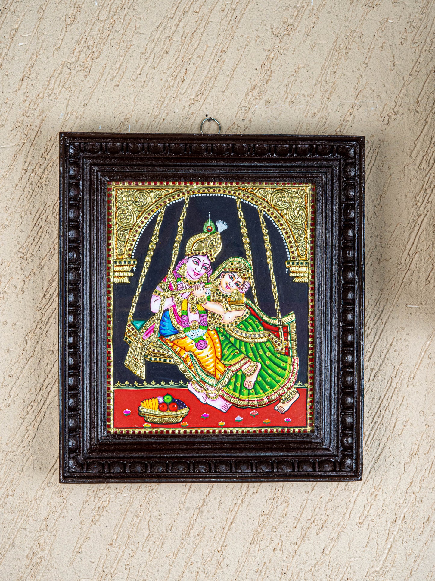 Tanjore Painting - Radha-Krishna on Jhoola - Flat (Gold Foil) - 12x10 inch - WL4763