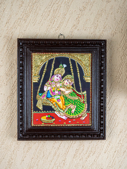 Tanjore Painting - Radha-Krishna on Jhoola - Flat (Gold Foil) - 12x10 inch - WL4763