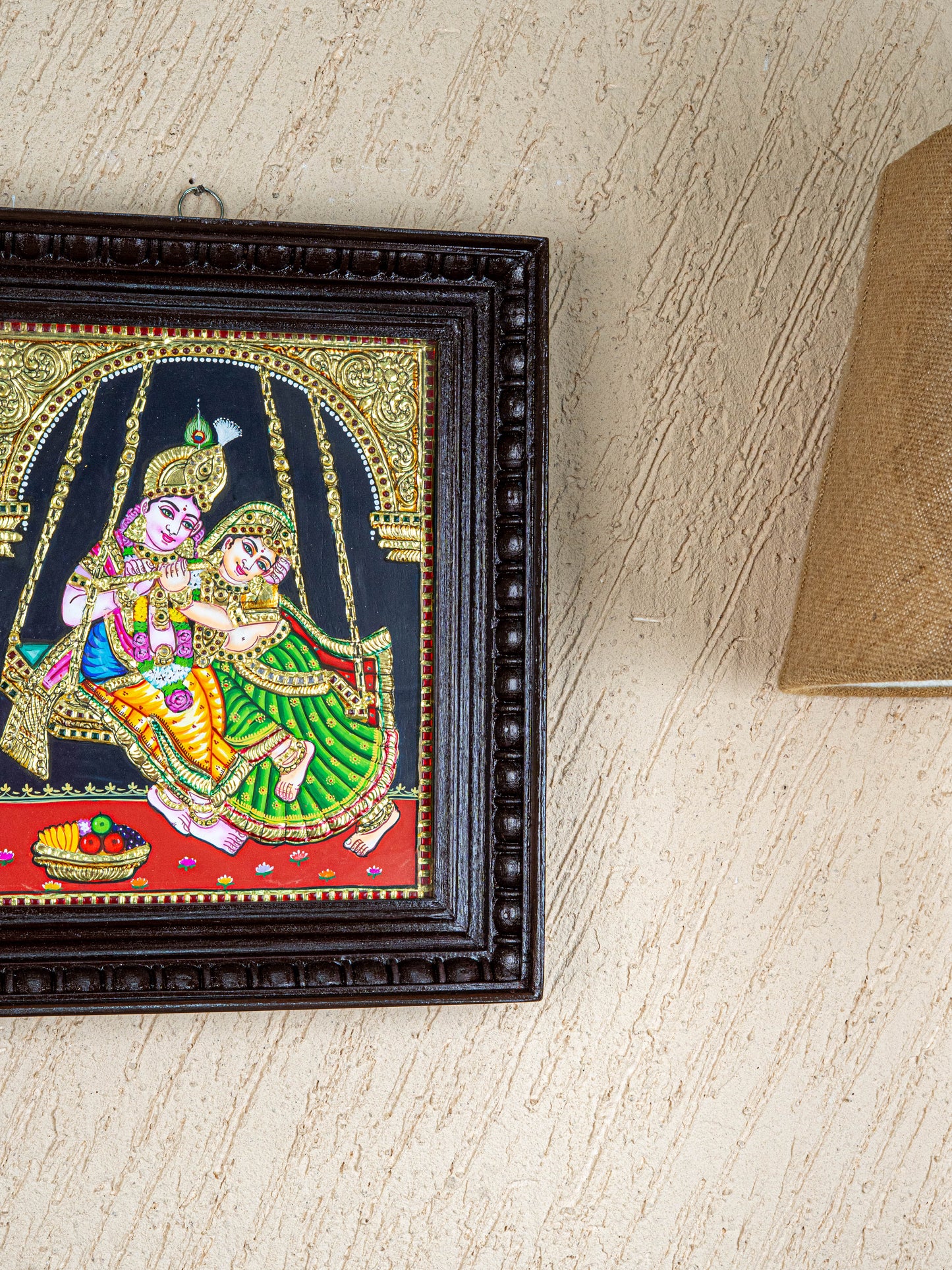 Tanjore Painting - Radha-Krishna on Jhoola - Flat (Gold Foil) - 12x10 inch - WL4763