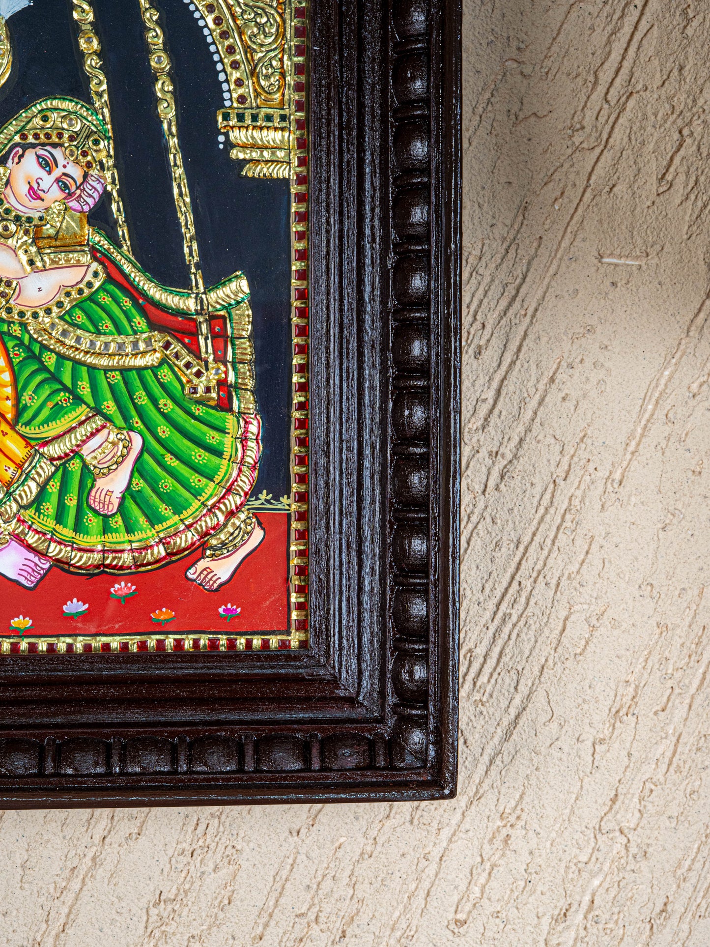 Tanjore Painting - Radha-Krishna on Jhoola - Flat (Gold Foil) - 12x10 inch - WL4763