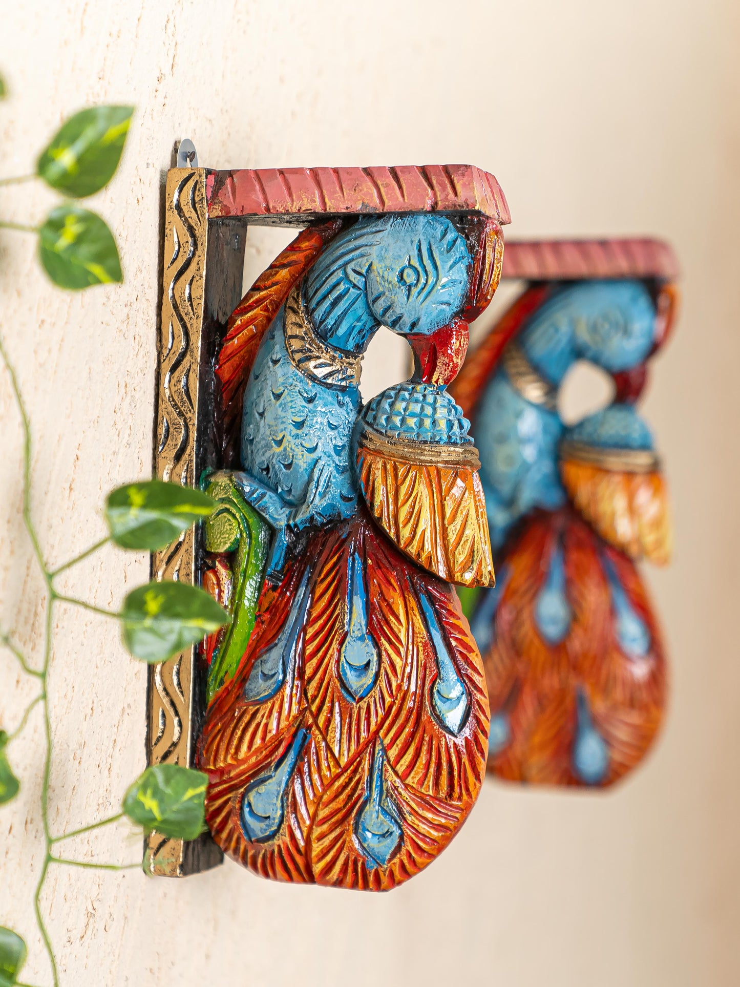 Wooden Carved Peacock Bracket - 12 inch - Set of 2 - WL4836-2