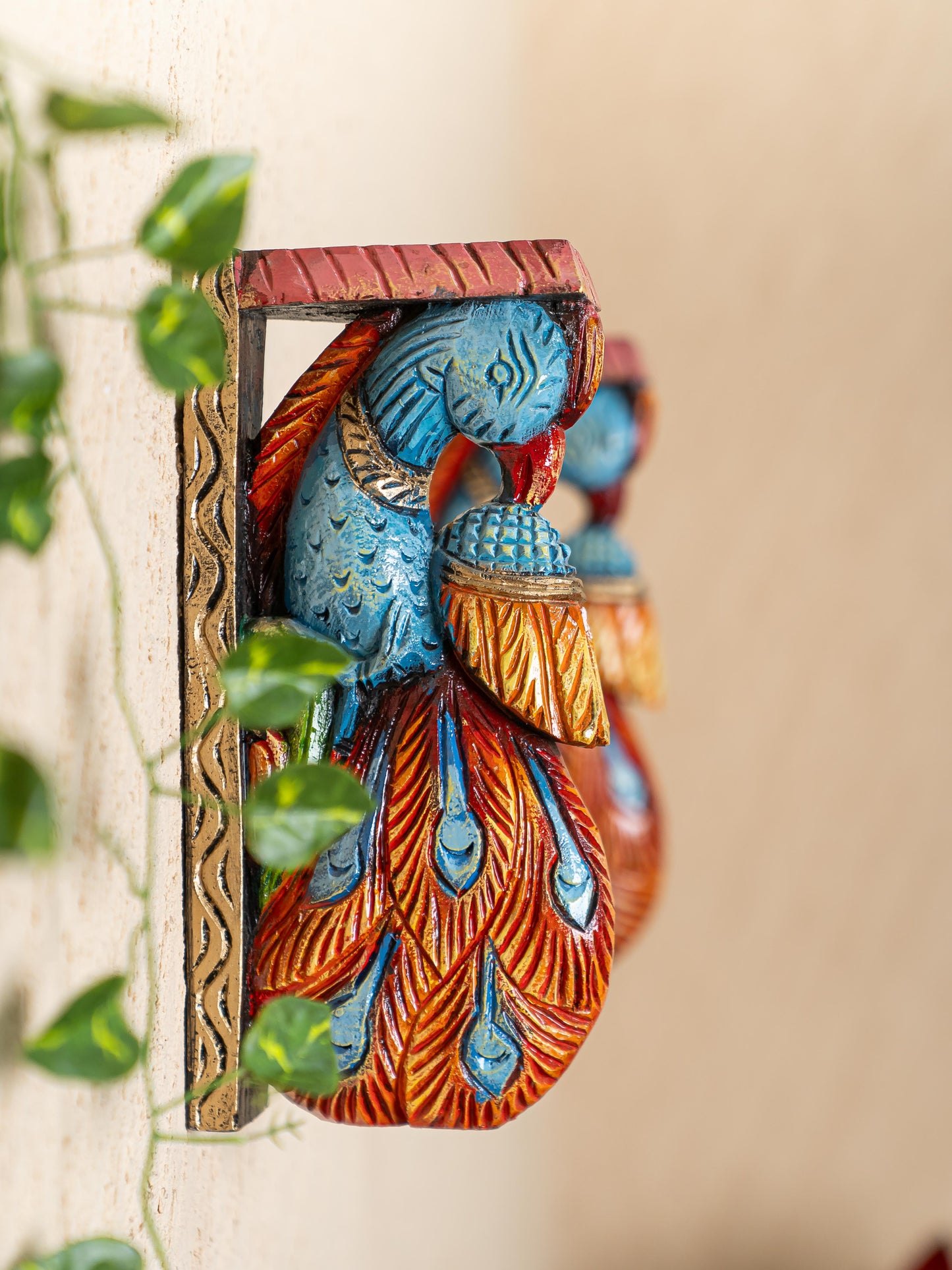 Wooden Carved Peacock Bracket - 12 inch - Set of 2 - WL4836-2