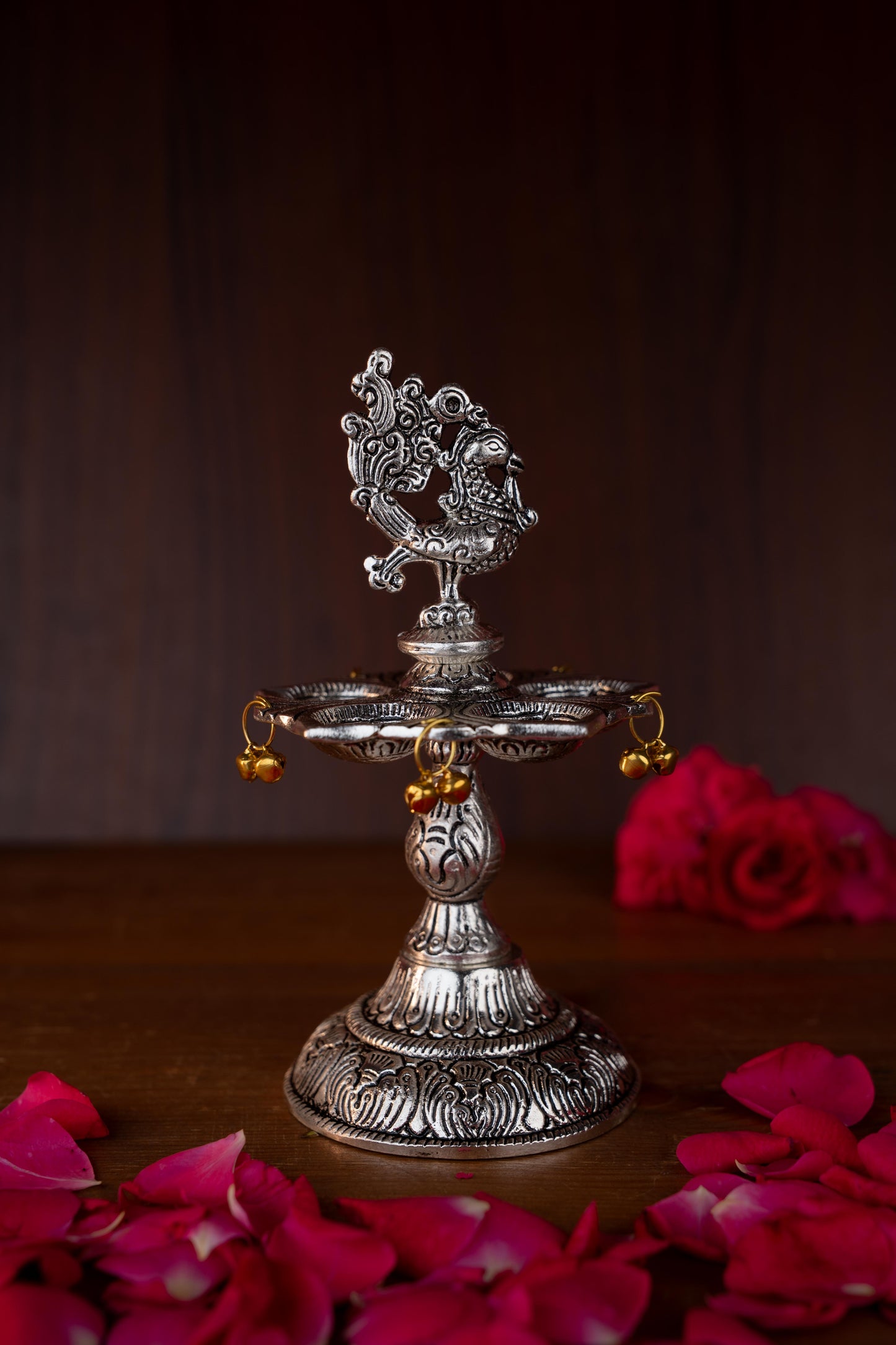 White Metal Annapakshi Kuthu Vilaku with Diya - 7 inch - WL4892