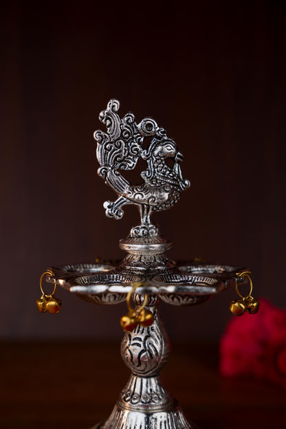 White Metal Annapakshi Kuthu Vilaku with Diya - 7 inch - WL4892