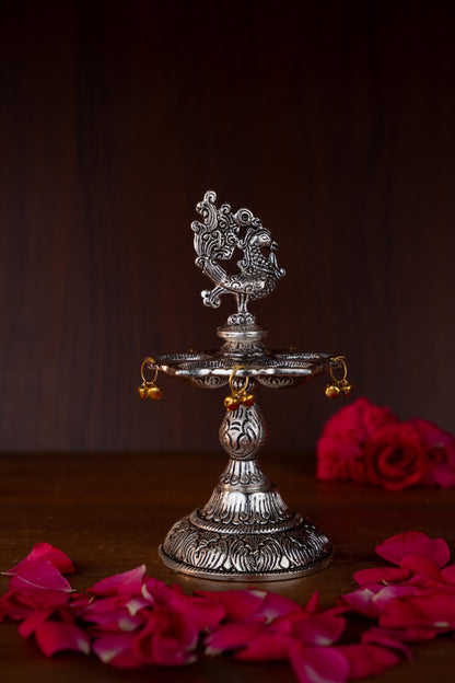 White Metal Annapakshi Kuthu Vilaku with Diya - 7 inch - WL4892