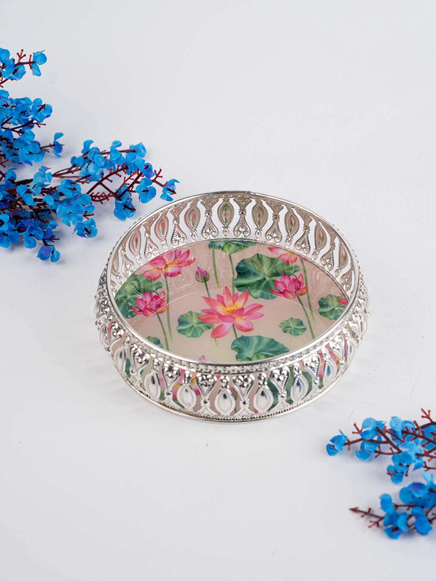 German Silver Tray with Pichwai Print - 6 inch - WL5117