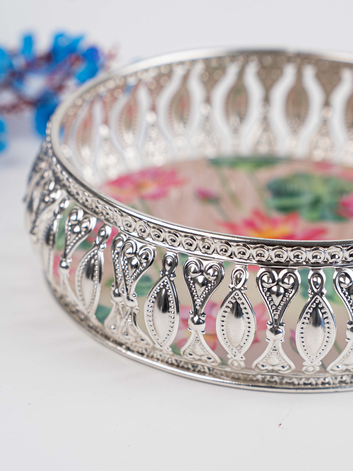 German Silver Tray with Pichwai Print - 6 inch - WL5117