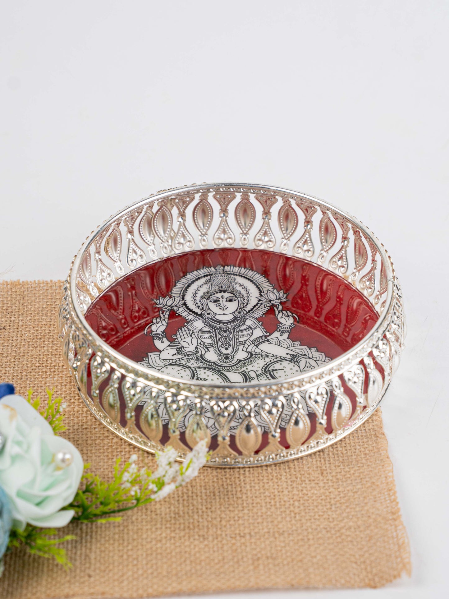 German Silver Tray with Madhubani Print - 6 inch - WL5118