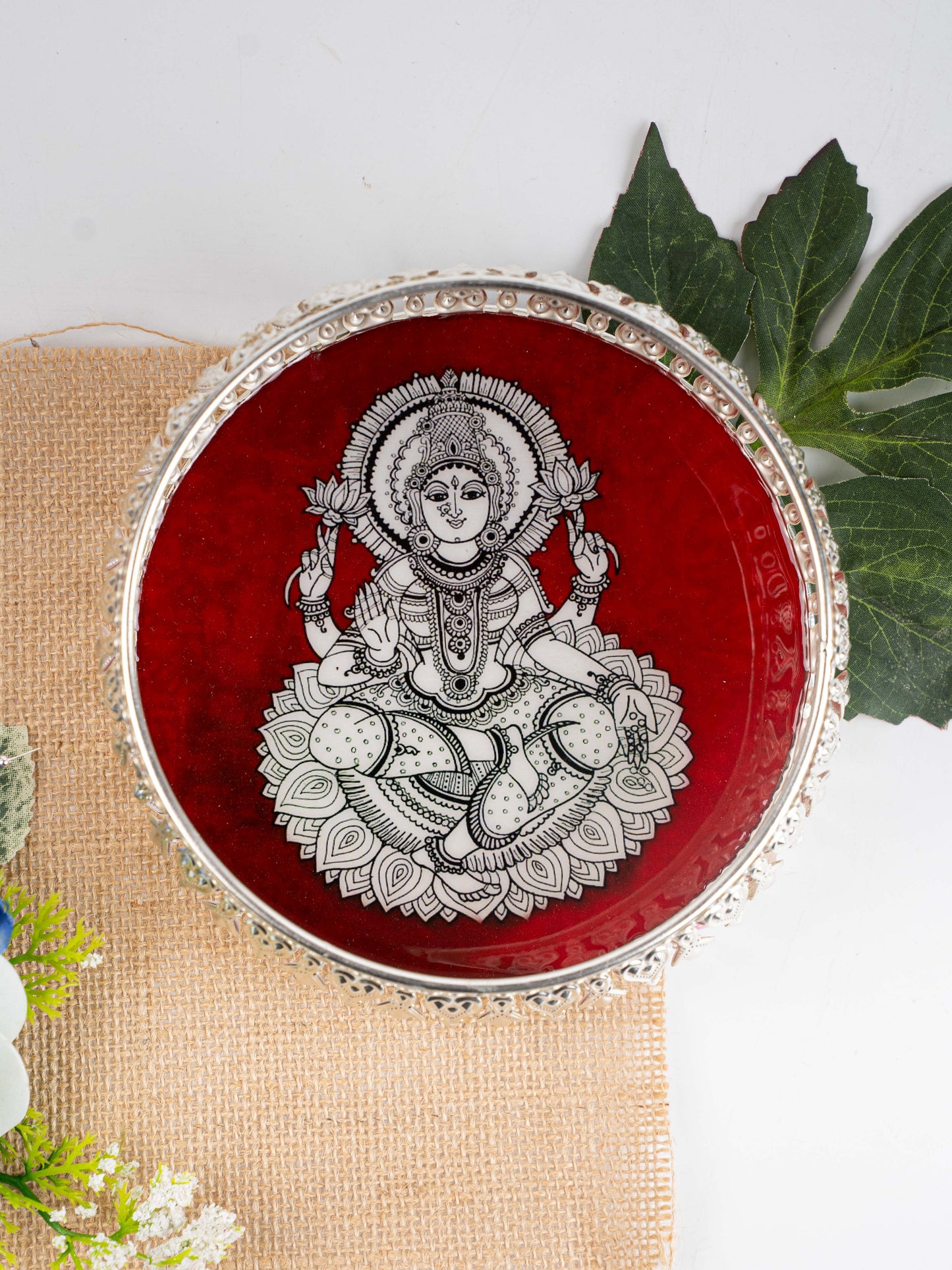 German Silver Tray with Madhubani Print - 6 inch - WL5118