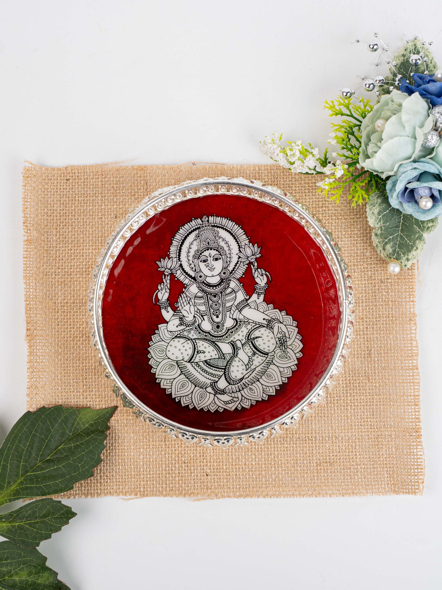 German Silver Tray with Madhubani Print - 6 inch - WL5118