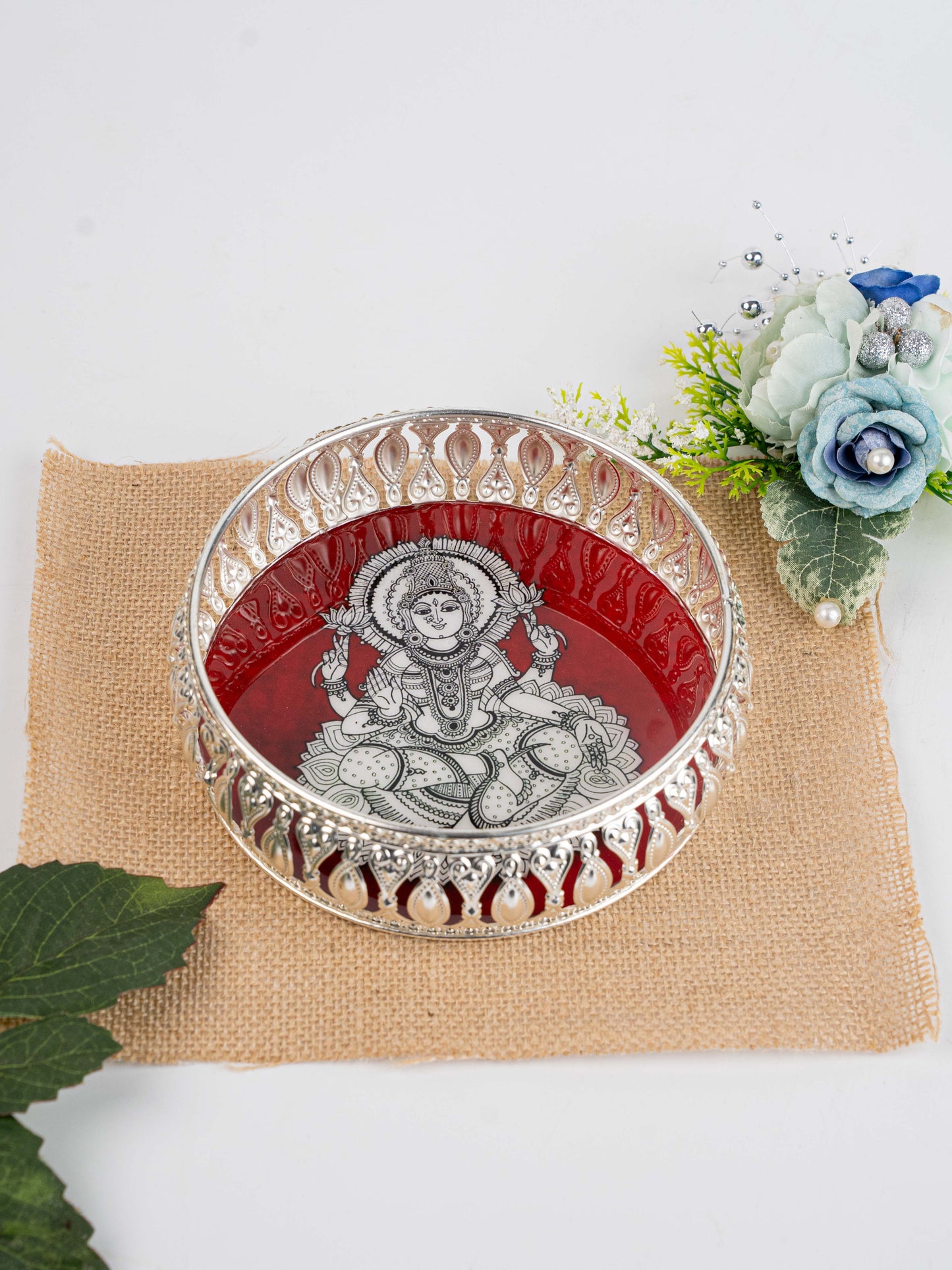 German Silver Tray with Madhubani Print - 6 inch - WL5118