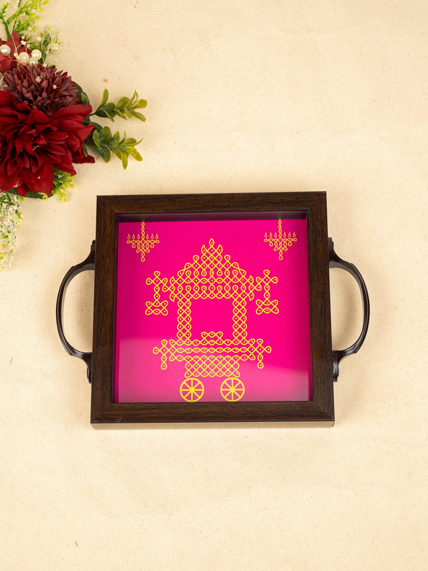 Wooden Tray with Kolam Digital Print - 6x6 inch - WL5124-1