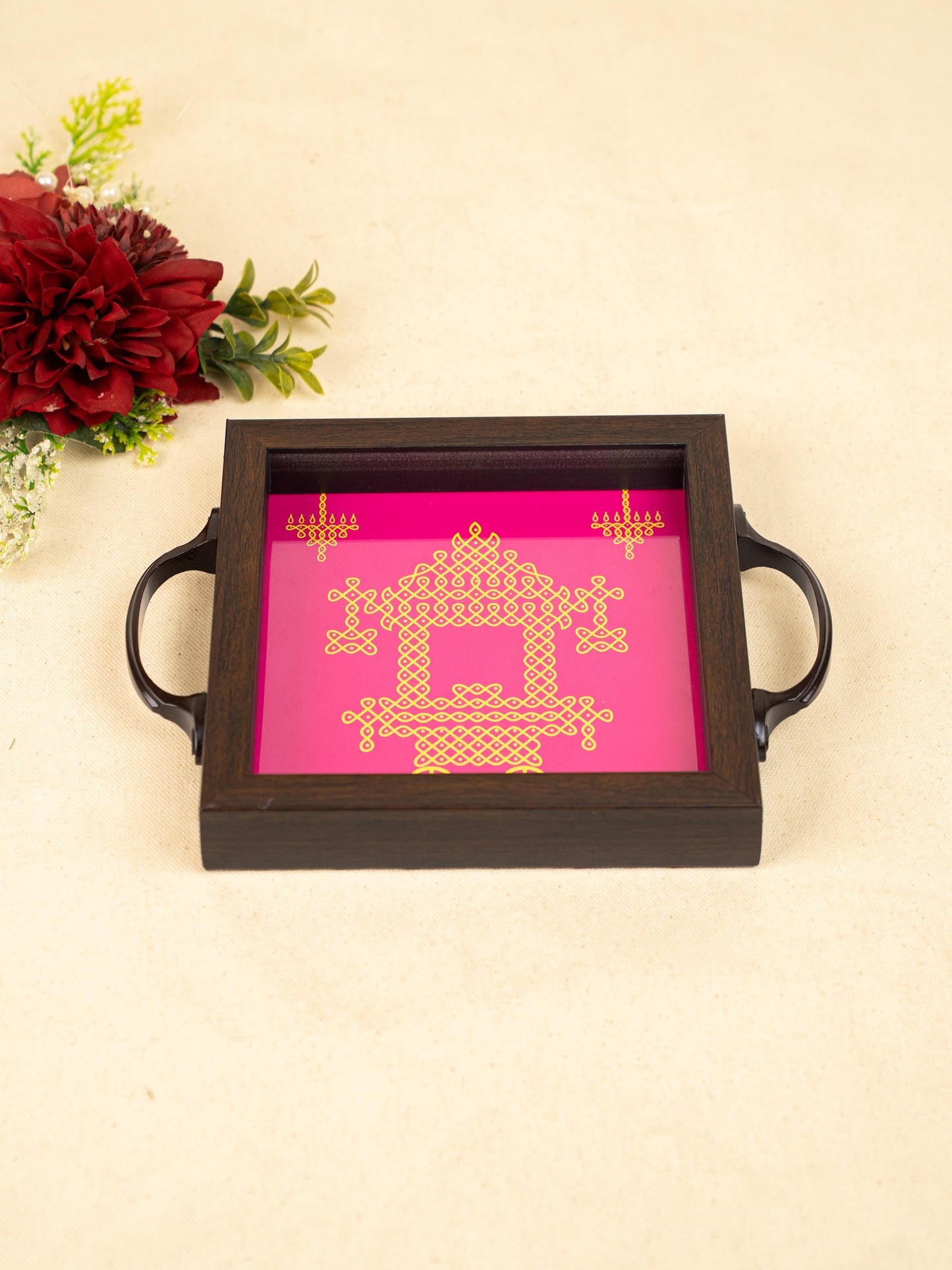 Wooden Tray with Kolam Digital Print - 6x6 inch - WL5124-1