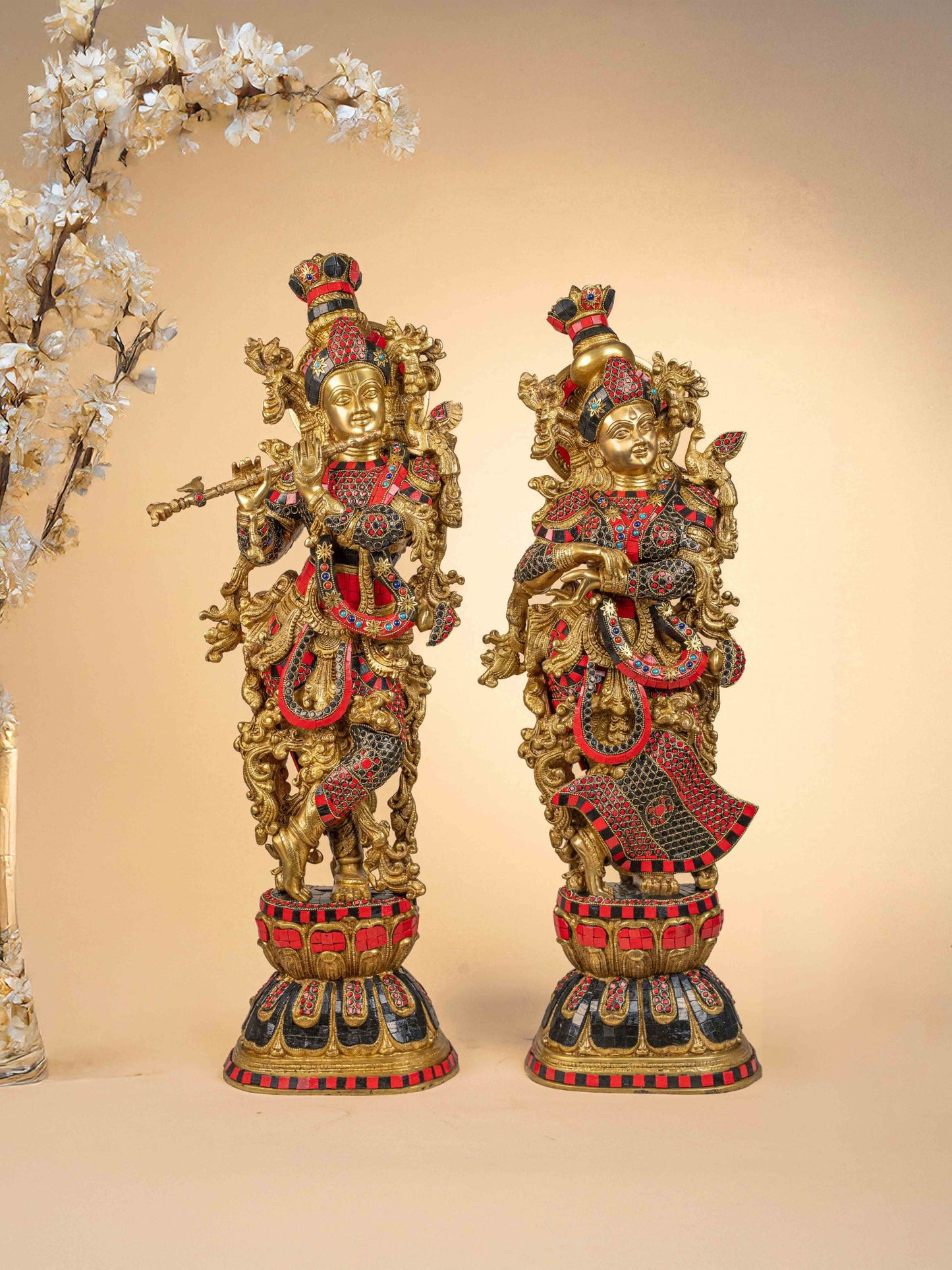 Brass Radha-Krishna Idol with Stone Work  - 27 inch - WL5162