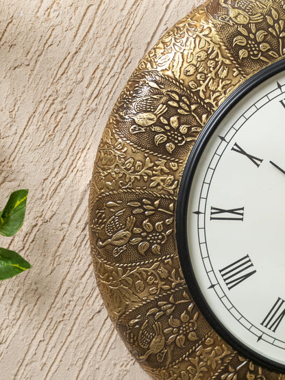 Wall Clocks - Embossed Brass with Peacock Design - 18 inch - WL5174