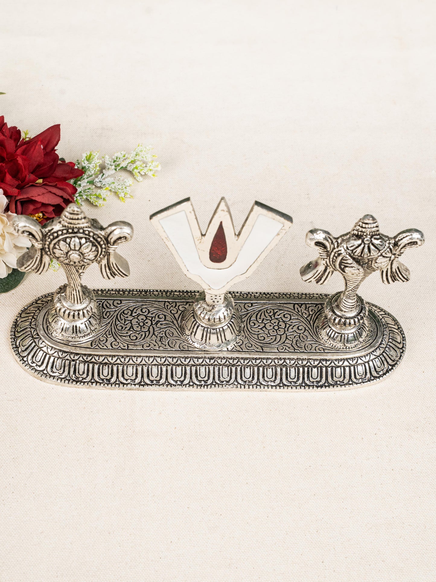 White Metal Shankh Chakra Tilak - 5 inch - Silver - WL5191-2
