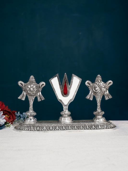 White Metal Shankh Chakra Tilak - 5 inch - Silver - WL5191-2