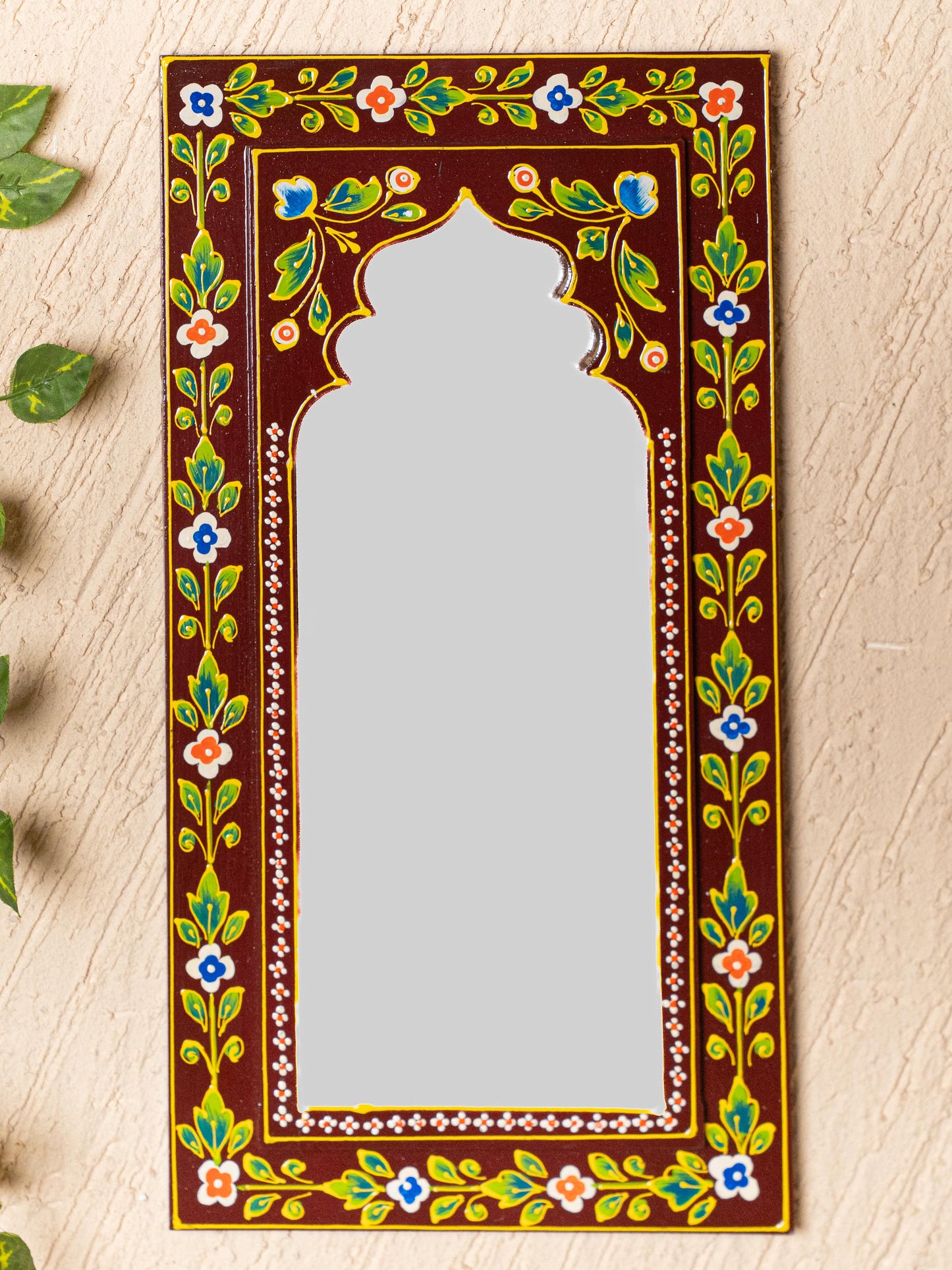 Wooden Handpainted Wall Decor with Mirror - Brown - 18x9 inch - WL5196
